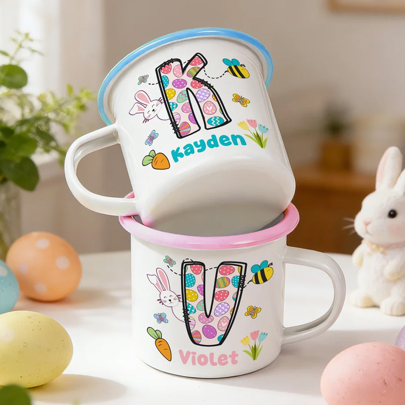 Personalized Cartoon Bunny Easter Eggs Initial 12 oz Enamel Mug with Name Daily Use Happy Easter Gift for Boys Girls
