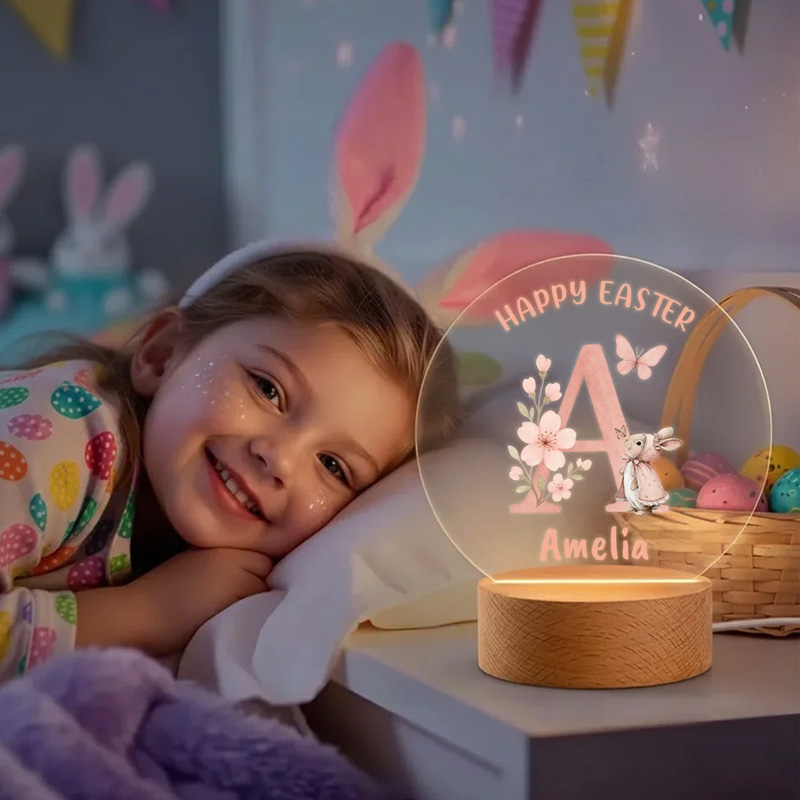 Personalized Watercolor Pink Initial Floral Bunny Acrylic LED Night Light with Name and Wooden Base Nursery Decor Easter Birthday Gift for Kids