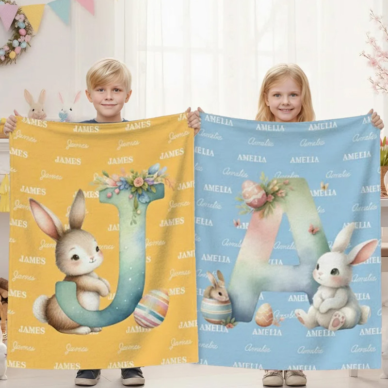 Personalized Cute Easter Bunny Egg Soft Throw Blanket with Name and Initial Home Decor Easter Party Gift for Kids