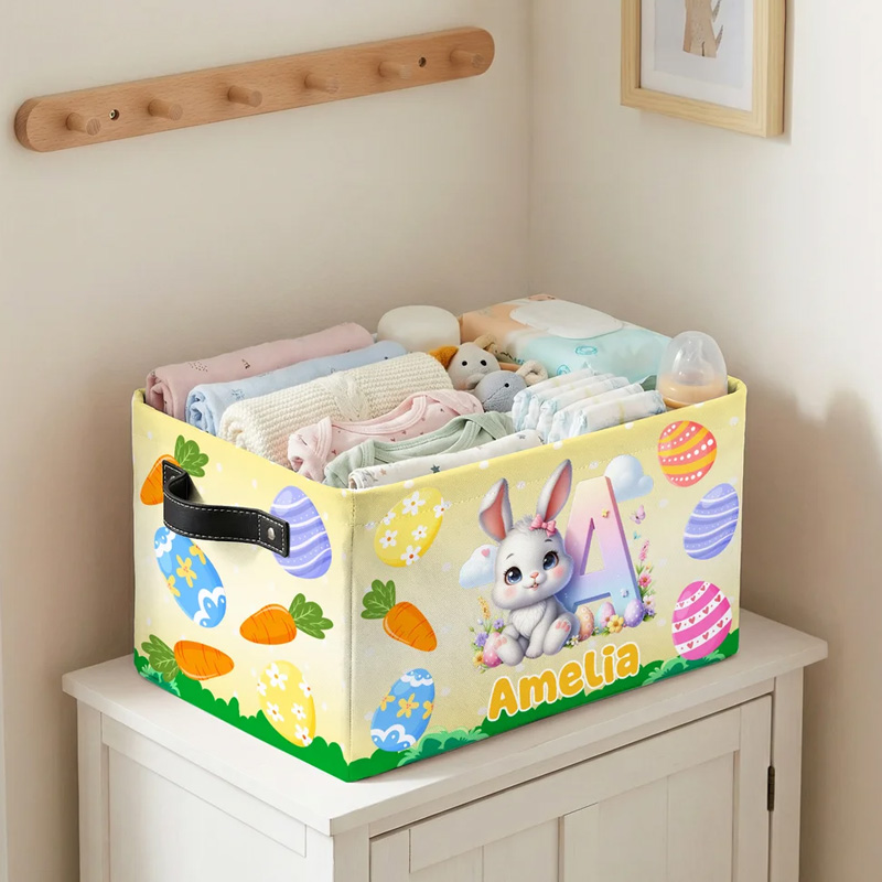 Personalized Cute Easter Bunny Design Large Storage Basket with Name Initial and Handle Easter Birthday Gift for Kids
