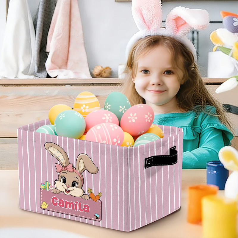 Personalized Cute Easter Bunny Striped Design Name Large Storage Basket with Handle Easter Birthday Gift for Kids