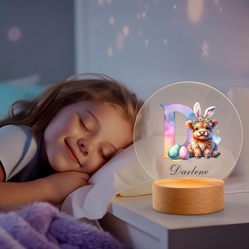 Personalized Bunny Ears Highland Cow Easter Egg LED Night Light with Name and Wooden Base Nursery Decor Easter Gift for Kids