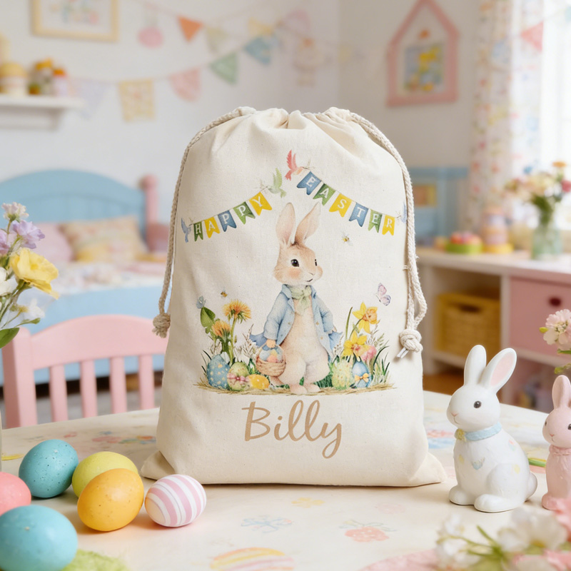 Personalized Easter Bunny Theme Name Kids Gift Bag Custom Canvas Storage Sack for Egg Hunt Spring Party Basket Substitute
