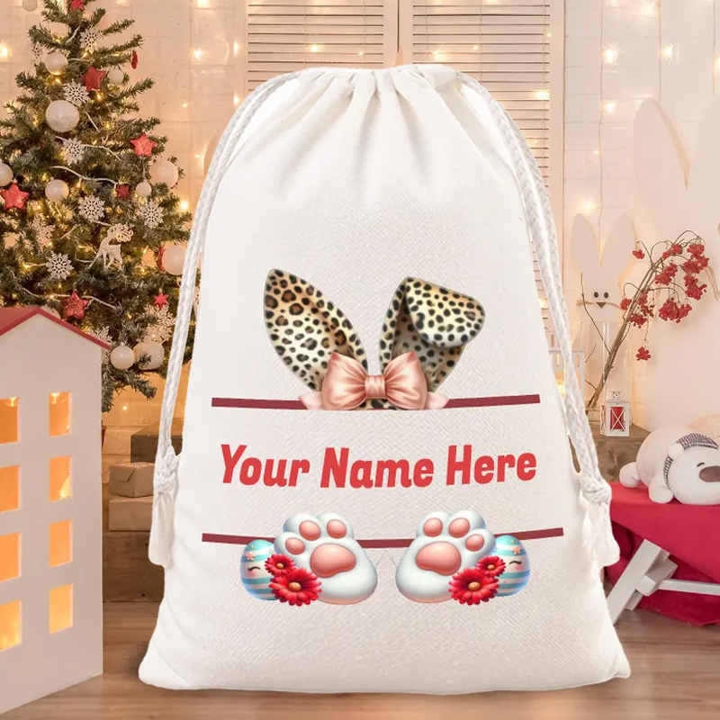 Personalized Easter Bunny Ear Theme Name Custom Gift Bag Kids Candy Storage Sack for Egg Hunt Spring Party Decor