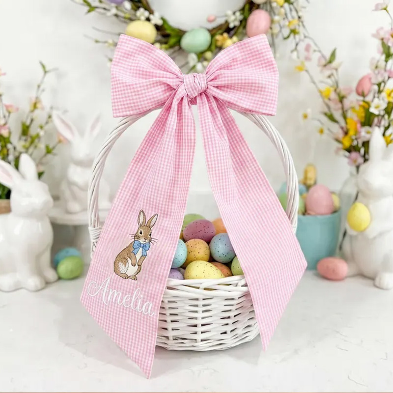 Personalized Cute Bunny Cotton Gingham Easter Basket Sash with Embroidered Name Basket Decor Easter Baptism Gift for Baby