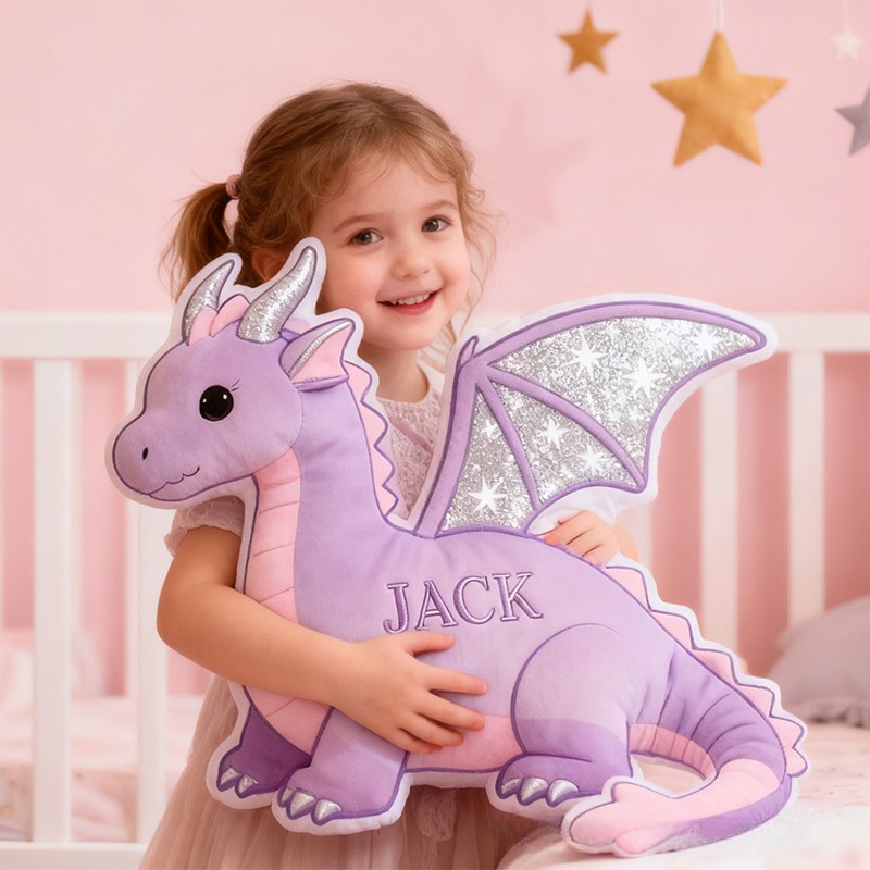 Personalized Purple Dragon Custom Name Soft Decorative Gift Fantasy Creature Style Cozy Kids Room Magical Dream Lovely Sparkle Cute Graphic 3D Print Pillow