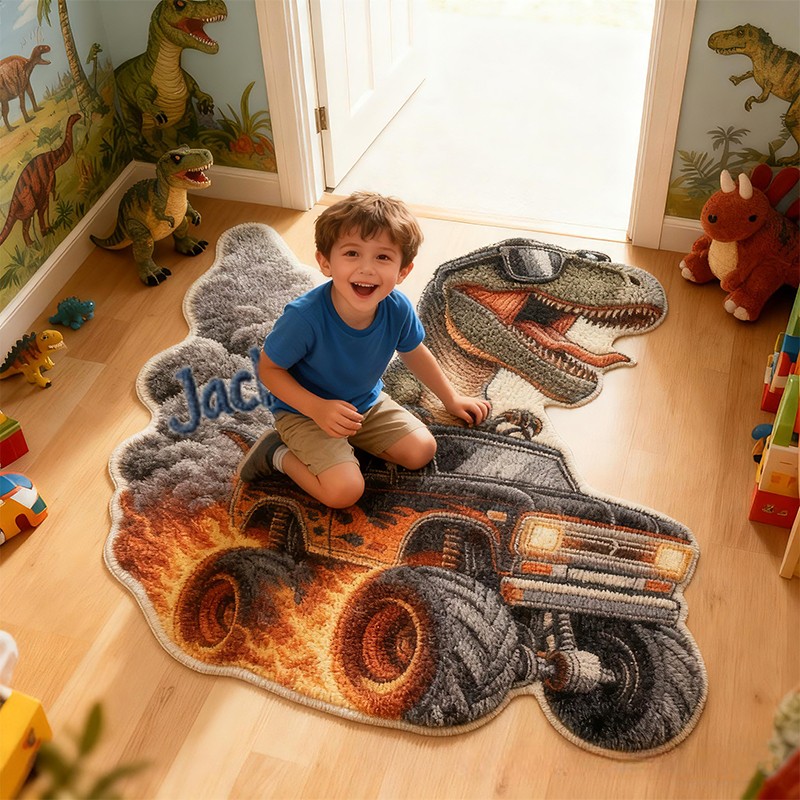 Personalized Dinosaur Monster Truck Custom Name Soft Decorative Gift Adventure Style Fun Playroom Cool Boys Room Fire Power Racing Carpet Rug for Kids