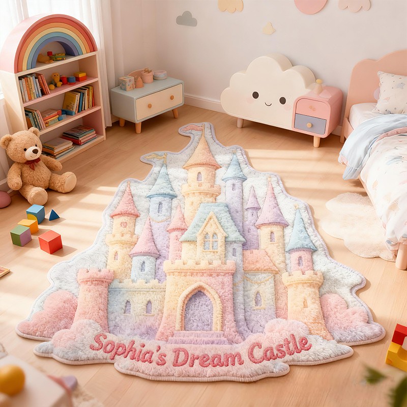 Personalized Dream Castle Shape Custom Name Soft Decorative Gift Fairytale Princess Style Cozy Nursery Soft Room Rainbow Magic Fantasy Carpet Rug for Kids