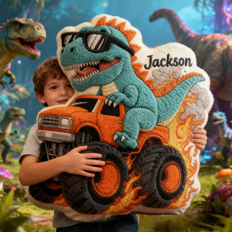 Personalized Cool Dinosaur Driving Monster Truck Custom Name Fun Boys Room Decoration Unique Adventure Style Plush  Graphic 3D Print Pillow