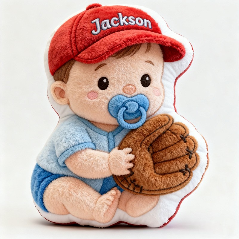 Personalized Baby Boy Name Custom Kids Gift Cute Red Hat Balls Blue Outfit Soft Playful Decorative Graphic 3D Print Pillow