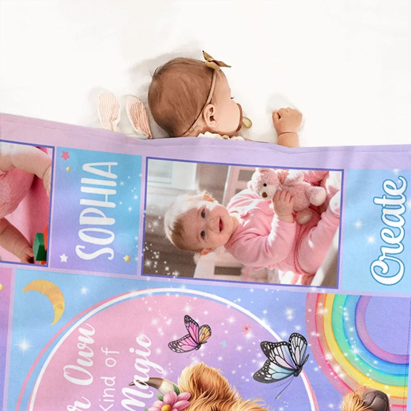 Personalized Floral Highland Cow Butterfly Soft Throw Blanket with Name and Photos Home Decor Baby Shower Birthday Gift for Girls