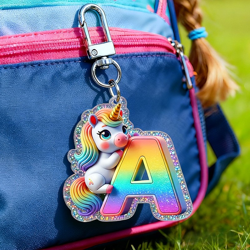 Personalized Dream Horse Initial Custom Name Soft Decorative Gift Rainbow Fantasy Style Colorful Sparkle Dream Cute Magical Creature Charm Lovely Girl Accessory Glitter Keychain