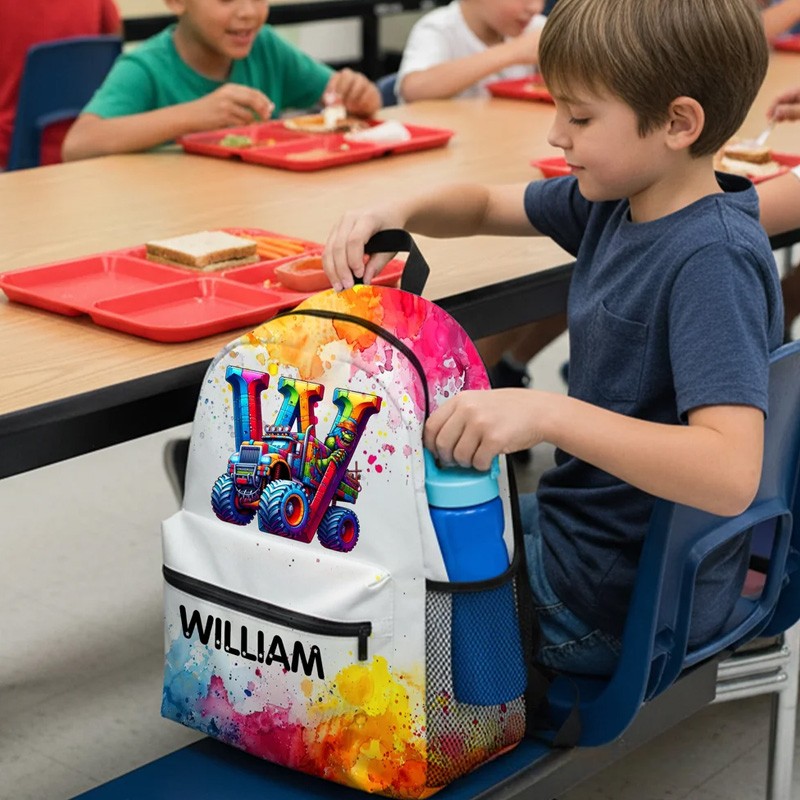 Personalized Watercolor Truck Initial Large Capacity Backpack with Name Back to School Birthday Christmas Gift for Boys Truck Lovers