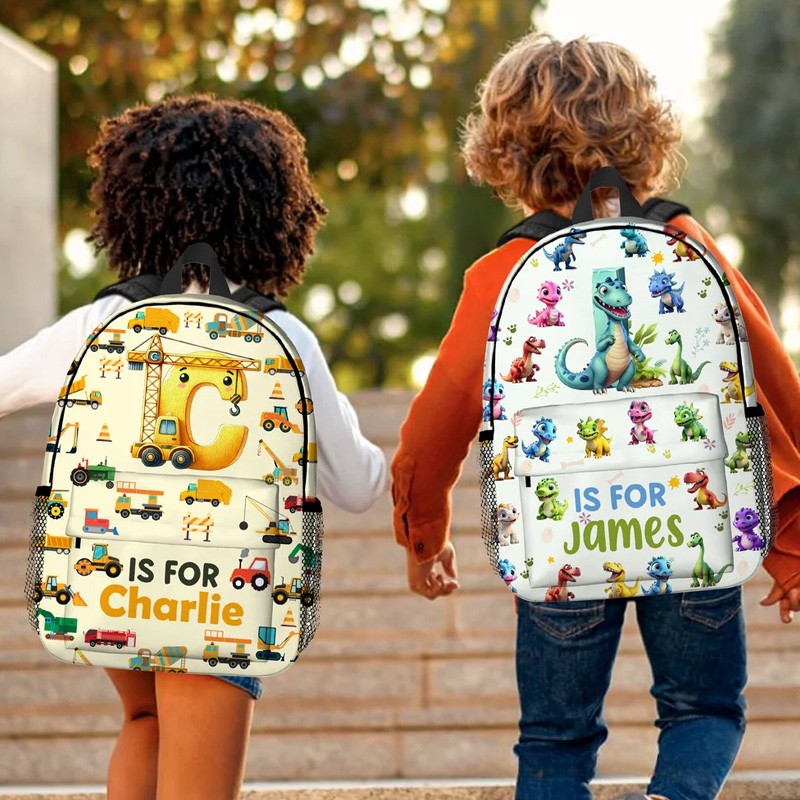 Personalized Cute Excavator Dinosaur Fantasy Dream Horse Backpack with Name and Side Pockets Back to School Birthday Gift for Boys Girls
