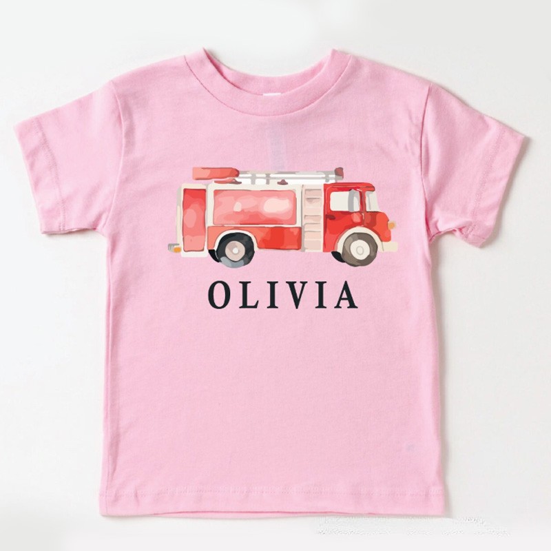Personalized Fire Truck Kids T-Shirt with Custom Name and Adorable Red Fire Engine Graphic for Little Heroes Kids T-Shirt