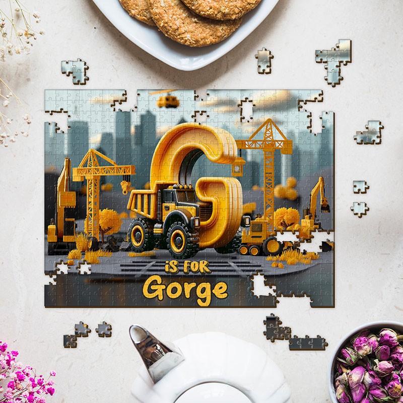 Personalized Construction Alphabet Puzzle with Custom Name and Bold Industrial Scene Perfect for Creative Playtime Kid Puzzle
