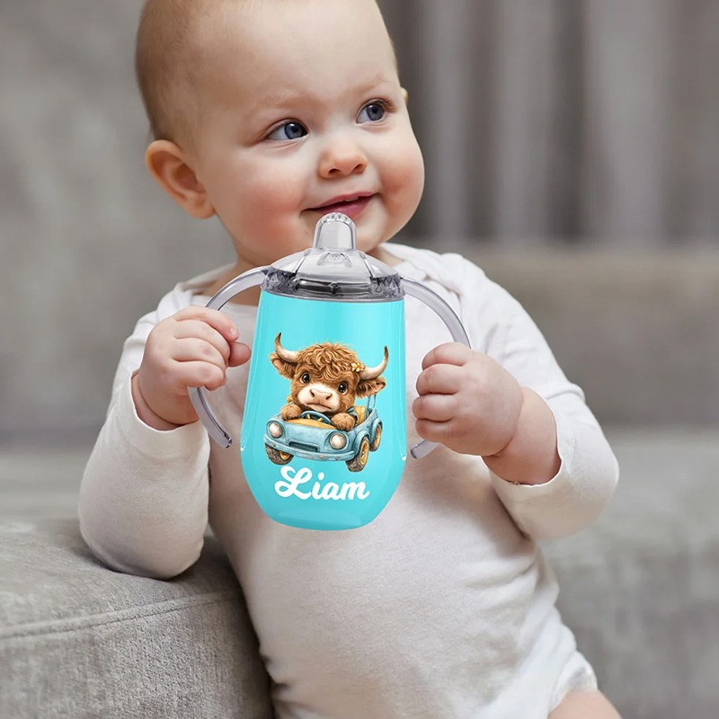 Personalized Cute Highland Cow 10 oz Insulated Name Sippy Cup with Lid and Handle Birthday Baby Shower Gift for Toddler Kids