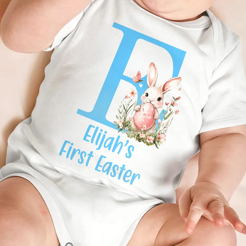Personalized Easter Bunny Initial 100% Cotton Baby Bodysuit with Name Easter Party Gift for Kids Boys Girls