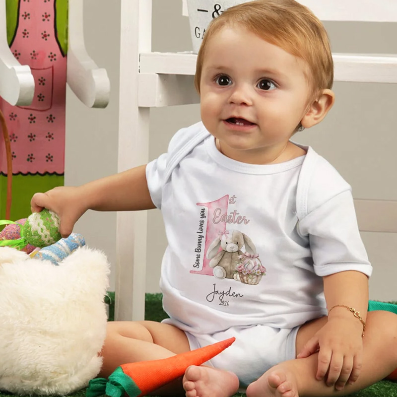 Personalized Some Bunny Loves You 1st Easter Soft Baby Bodysuit Receiving Blanket Swaddle Hat Set with Name Birthday Baby Shower Gift for Newborns