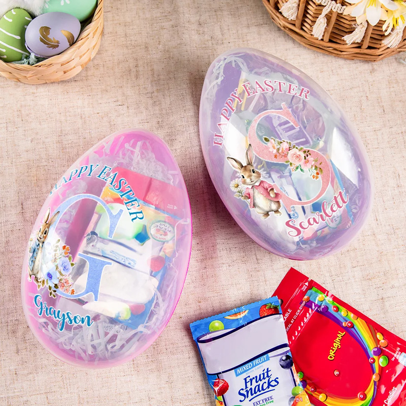 Personalized Happy Easter Bunny Flowers Initial Easter Egg with Name Basket Filler Easter Party Gift for Kids