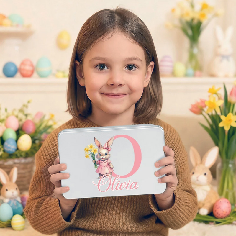 Personalized Birth Flower Cute Bunny Easter Biscuit Tin Box with Name and Initial Easter Party Easter Gift for Children