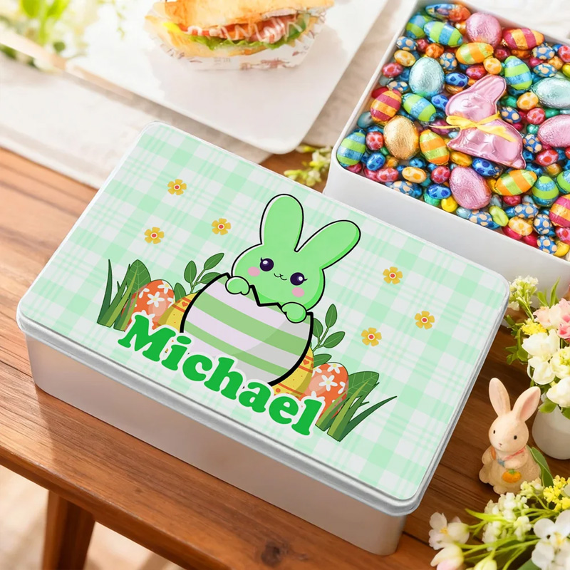 Personalized Cute Bunny Easter Egg Food Grade Metal Biscuit Tin Storage Box with Name Easter Party Gift for Kids