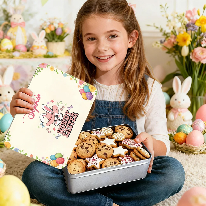 Personalized Howdy Easter Cute Bunny Easter Biscuit Tin Box with Name Easter Party Easter Gift for Children