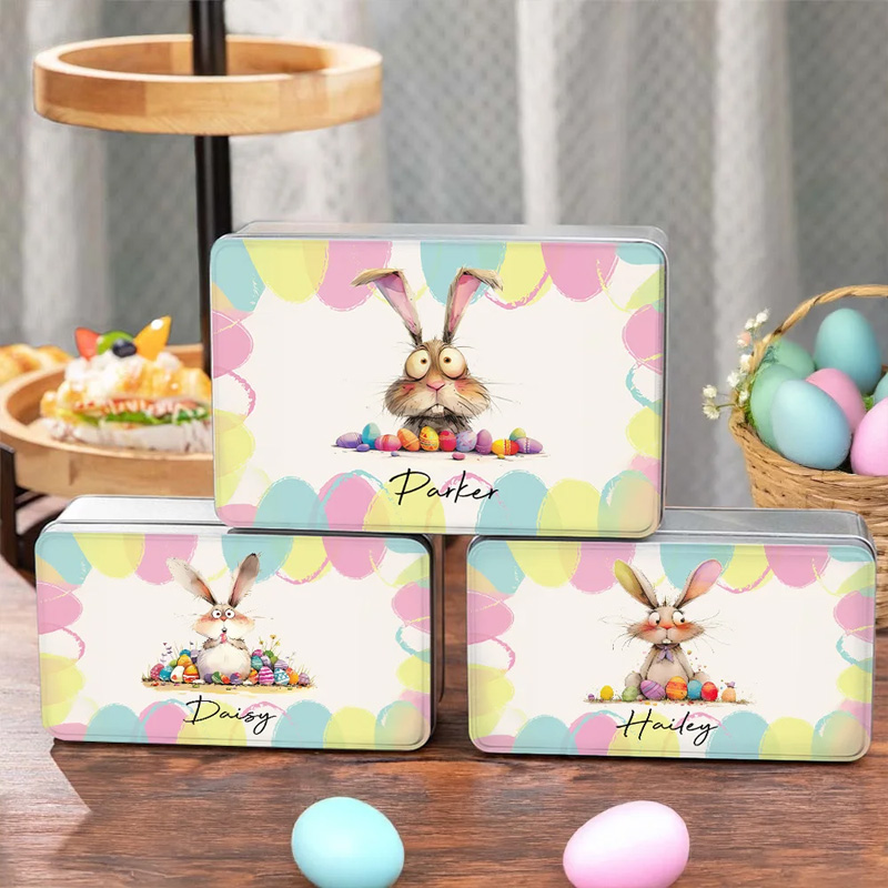 Personalized Quirky Easter Bunny Biscuit Tin Storage Box with Name Birthday Easter Party Gift for Kids