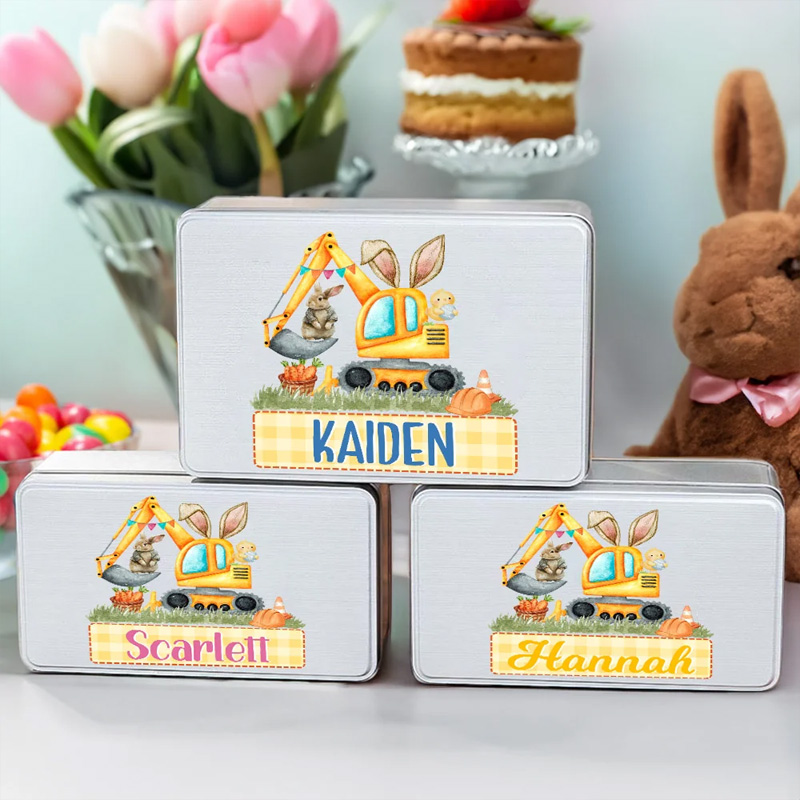 Personalized Bunny Easter Egg Excavator Food Grade Metal Biscuit Tin Storage Box with Name Easter Gift for Family Friends