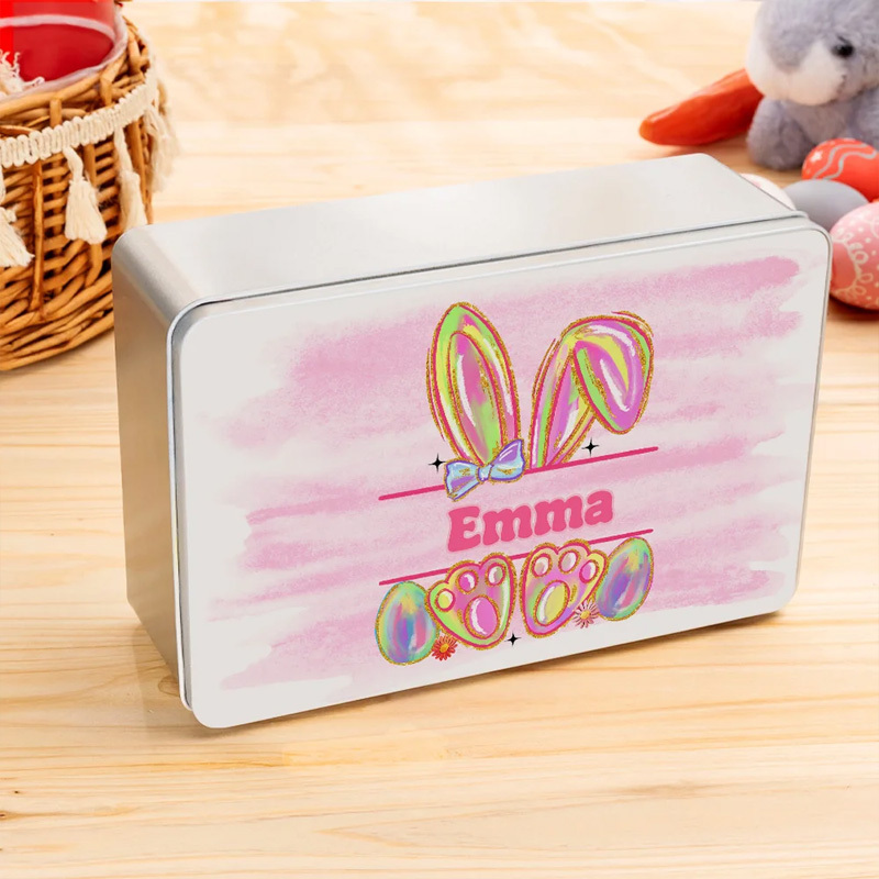 Personalized Colorful Easter Bunny Metal Biscuit Tin Storage Box with Name Easter Party Favor Gift for Kids