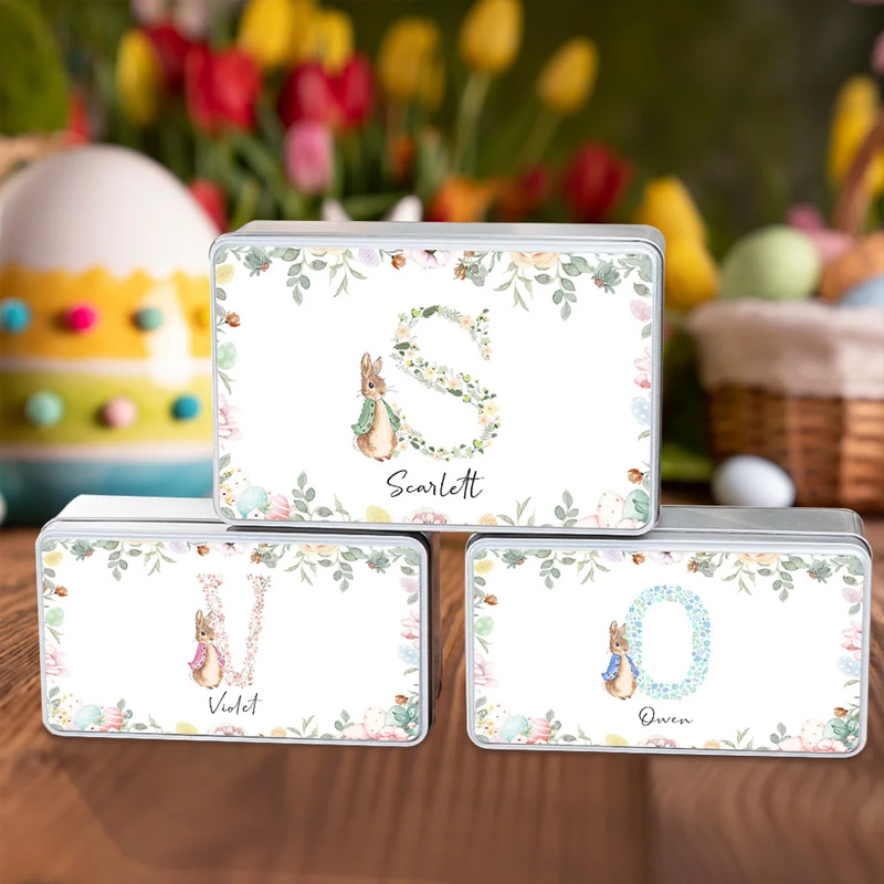 Personalized Cute Peter Rabbit Floral Initial Easter Biscuit Tin Storage Box with Name Easter Party Birthday Gift for Kids