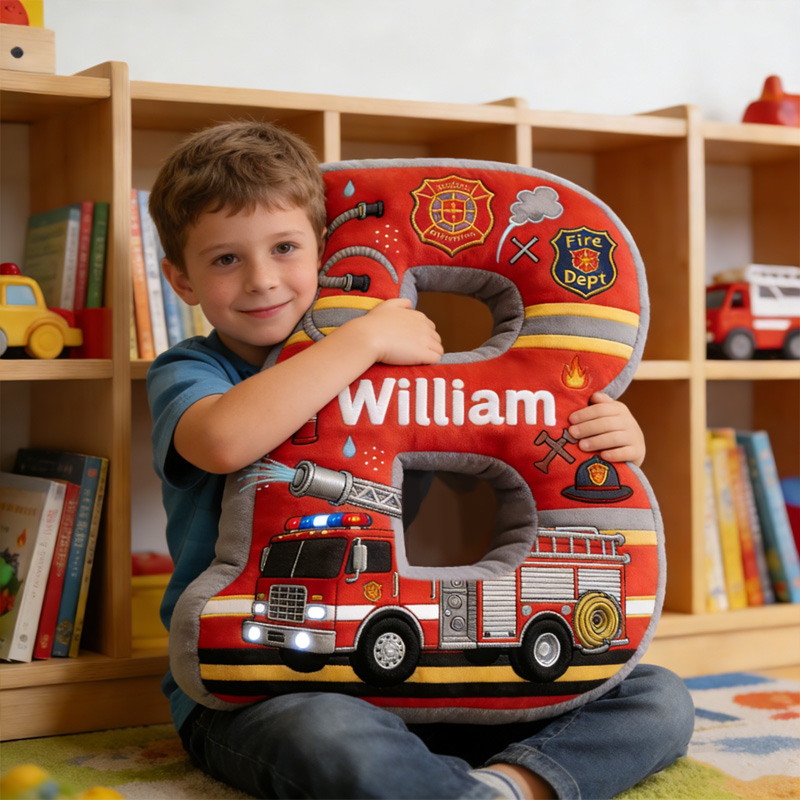 Personalized Fire Truck Alphabet Letter Custom Name Kids Room Decor Birthday Gift Soft Cushion Nursery Decoration Graphic 3D Print Pillow