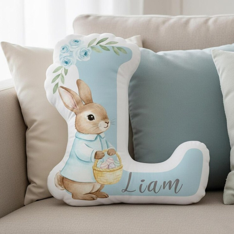 Personalized Pink Bunny Initial Letter Floral Easter Basket Custom Name Kids Room Decor Nursery Gift Graphic 3D Print Pillow