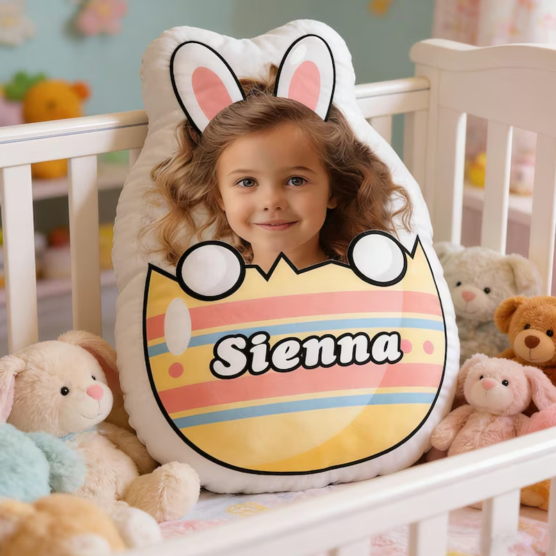 Personalized Easter Bunny Egg Photo Name Custom Kids Gift Cute Colorful Spring Decor Nursery Bedroom Accent Graphic 3D Print Pillow