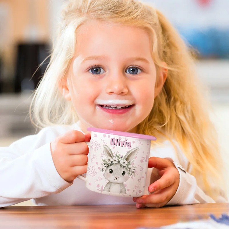 Personalized Cartoon Wreath Deer Bear Animals 12 oz Colored Rim Enamel Mug with Name Daily Use Christmas Birthday Gift for Boys and Girls