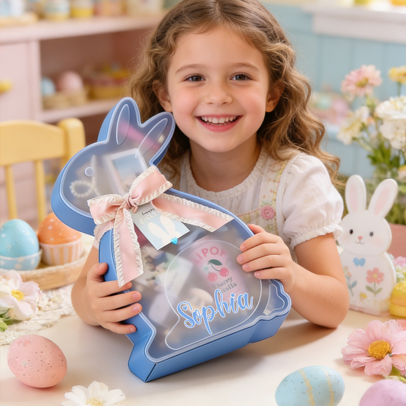 Personalized Blue Bunny Easter Gift Basket Custom Name Kids Candy Holder Cute Spring Egg Hunt Party Favor Candy Box