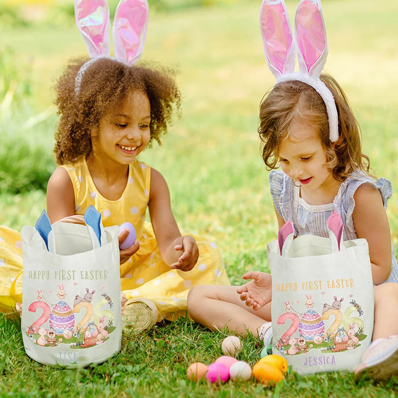 Personalised Happy First Easter Cute Bunny Ears Basket with Name Egg Hunting Party Easter Gift for Boys Girls