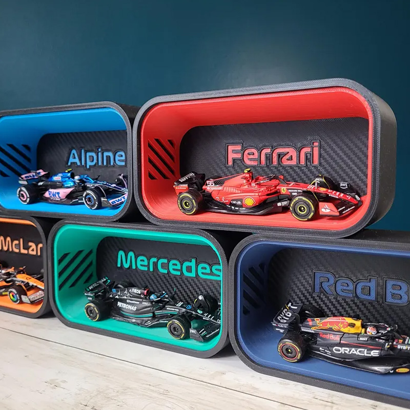 Personalized F1 Cars 1:43 Scale Display Loop for Desk or Wall Mount Vibrant Team Colors Carbon Fiber Look Cars Not Included