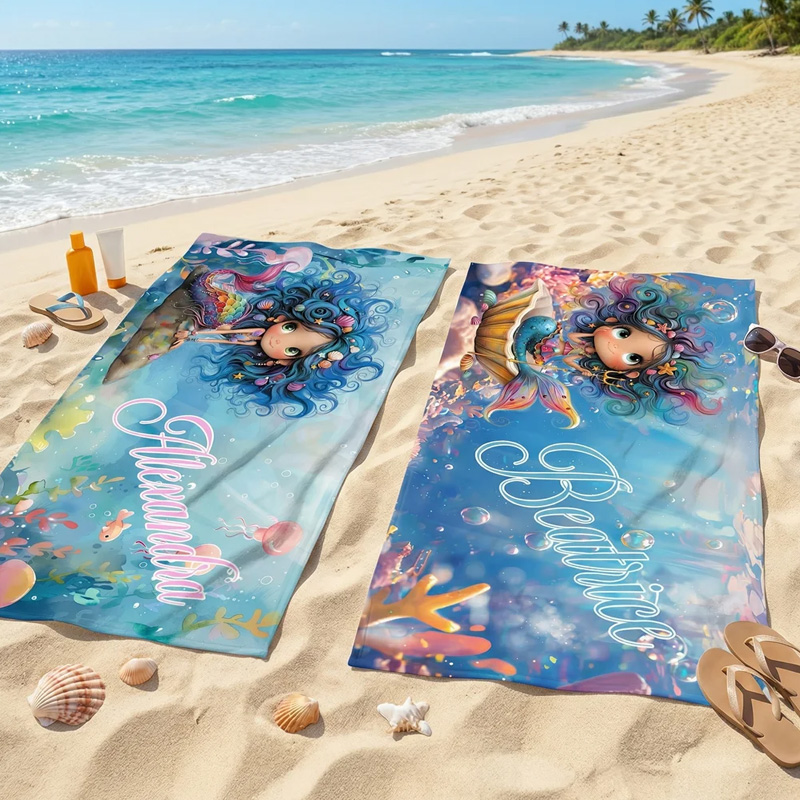 Personalized Cartoon Mermaid Quick Dry Beach Towel with Name Travel Essentials Beach Party Birthday Gift for Girls Ocean Theme Enthusiasts