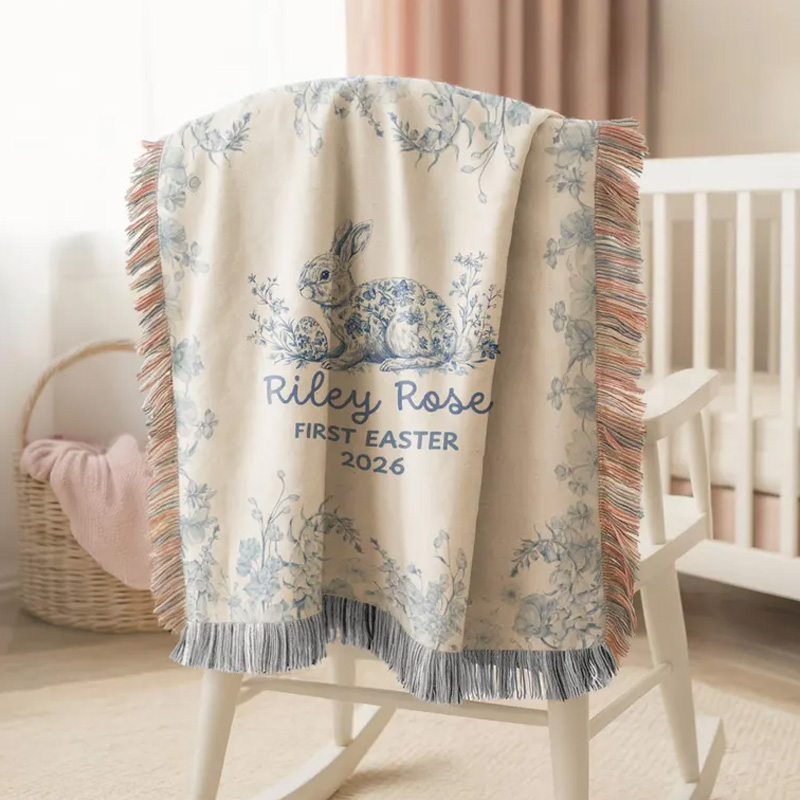 Personalized Baby Name Birth Stats Blue Floral Nursery Decor Custom Heirloom Keepsake Newborn Gift Soft Cotton Woven Blanket