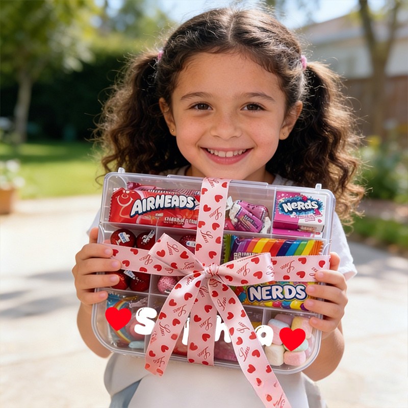 Personalized Candy Gift Set with Heart Bow Decoration Sweet Treat Basket for Kids Birthdays Valentines Day Party Favors and Special Celebrations