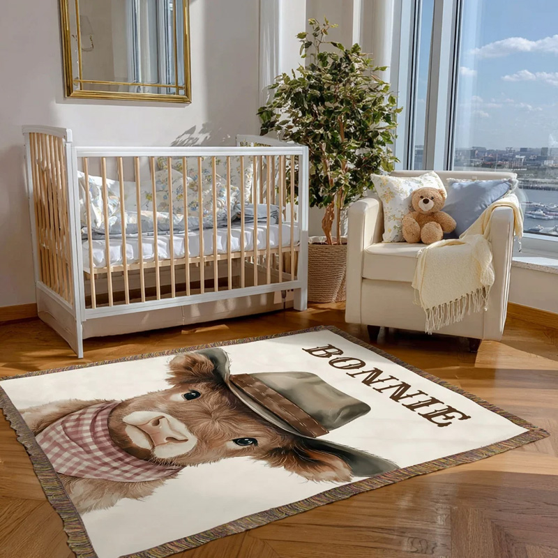 Personalized Rustic Fringed Western Cowboy Highland Cow Soft 100% Cotton Baby Blanket with Name Nursery Decor Baby Shower Gift for New Baby Kids