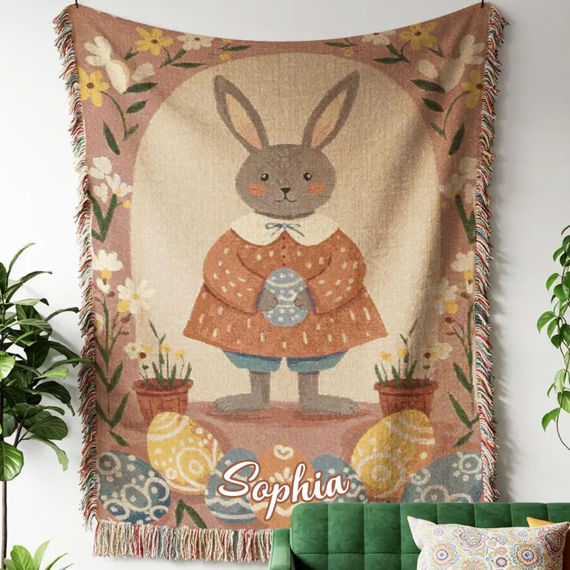 Personalized Cute Bunny Easter Spring Floral Kids Room Decor Custom Name Nursery Accent Cozy Gift Tassel Blanket