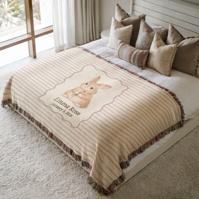 Personalized Baby Bunny Nursery Decor Custom Name Soft Neutral Tone Newborn Gift Cozy Room Accent Cotton Tassel Blanket