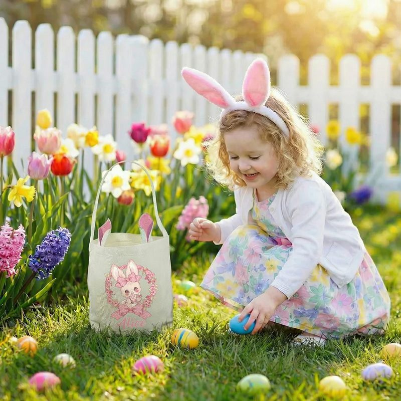 Personalized Polka Dot Bow Floral Bunny Easter Basket with Name and Bunny Ears Egg Hunting Accessory Easter Gift for Kids