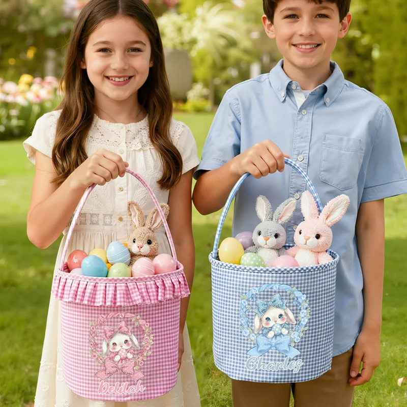 Personalized Multi Color Large Capacity Polka Dot Bow Easter Basket with Name Party Favor Gift for Boys Girls