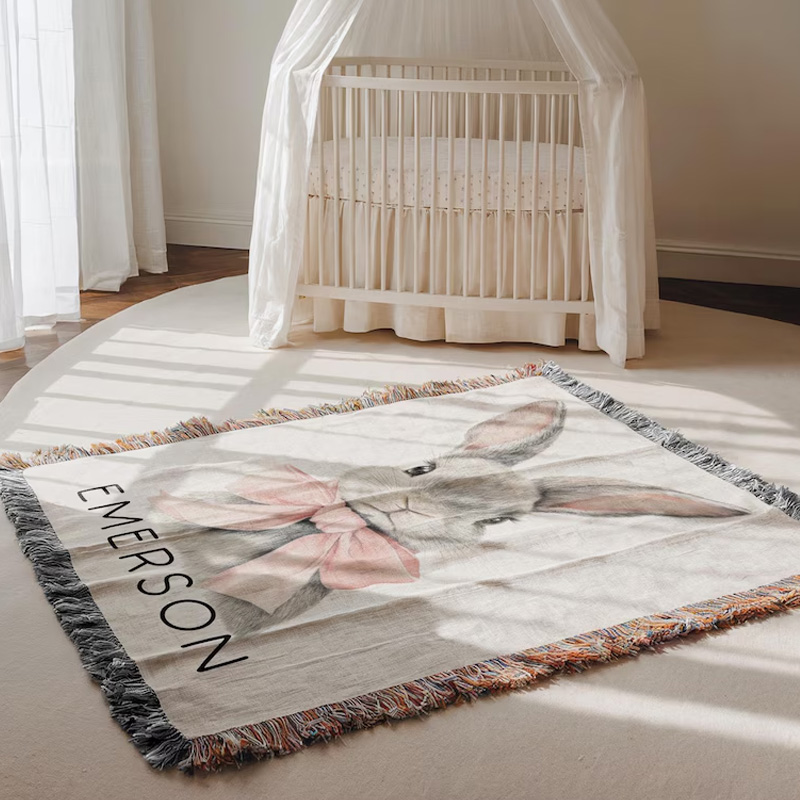 Personalized Cute Bunny Pink Bow Nursery Decor Custom Name Baby Shower Gift Soft Cozy Neutral Room Accent Tassel Blanket