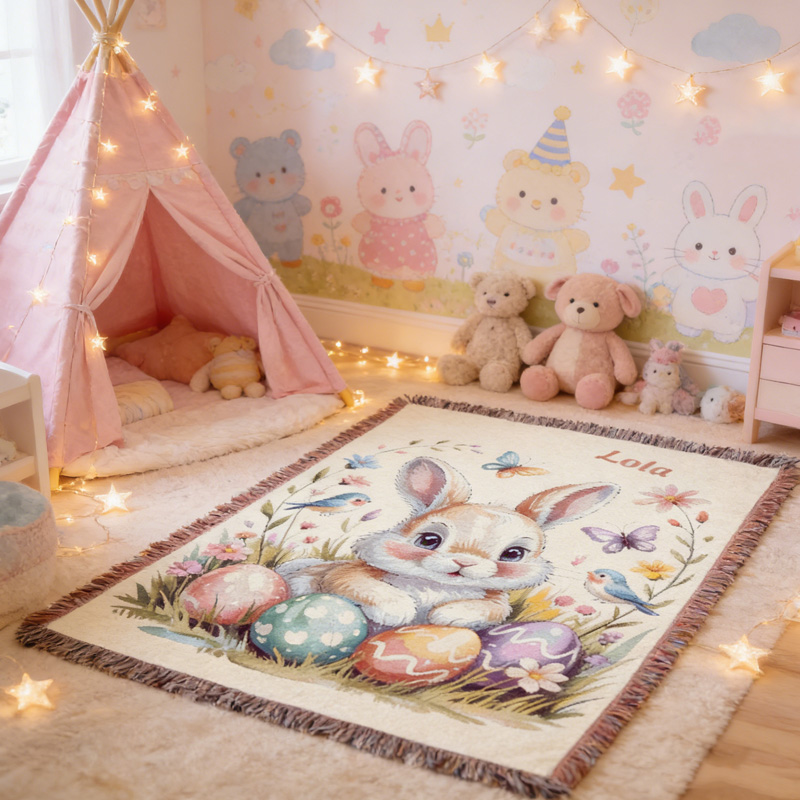 Personalized Easter Bunny Colorful Eggs Spring Butterfly Kids Room Decor Custom Name Soft Cozy Gift Tassel Blanket