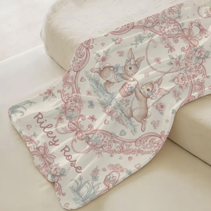 Personalized Pink Bunny Floral Wreath Nursery Decor Custom Name Baby Shower Gift Soft Elegant Newborn Keepsake Blanket