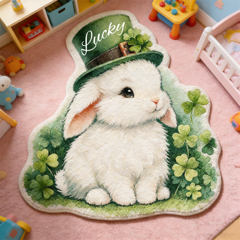 Personalized Lucky Clover White Bunny St Patricks Day Green Hat Custom Name Soft Cozy Playroom Decor Carpet Rug for Kids